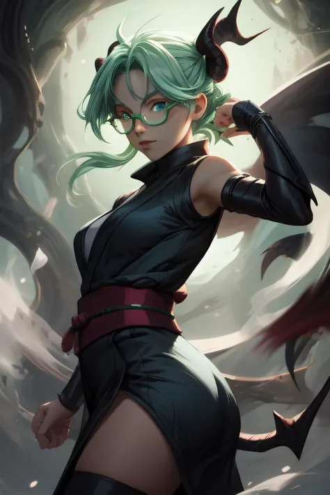 a woman with green hair and black outfit holding a bat