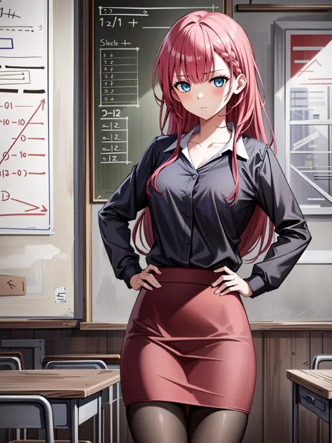 (masterpiece:1.2, best quality:1.1, highres,absurdres, high quality),(photorealistic:1.1),reflected light, colorful,ultra-detailed,8k, ultra hd, super detailed,
Mafuyu, blue eyes, red hair, long hair, bangs, braid, red hair, teacher, (dark purple skirt),pe...