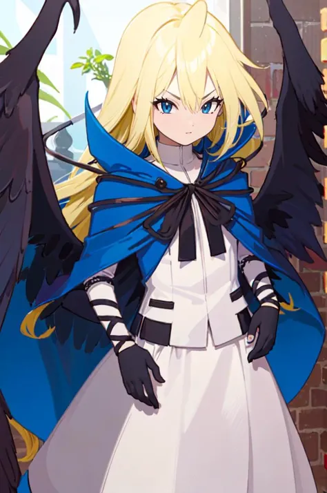 <lora:cromachina:1>  <lora:RtPL-Malice:1> malice_(riviera), black_wings, blonde_hair, long_hair, blue_cape, white_dress, angel_wings, gloves,, ultra detailed, masterpiece, best quality, aesthetic, detailed,