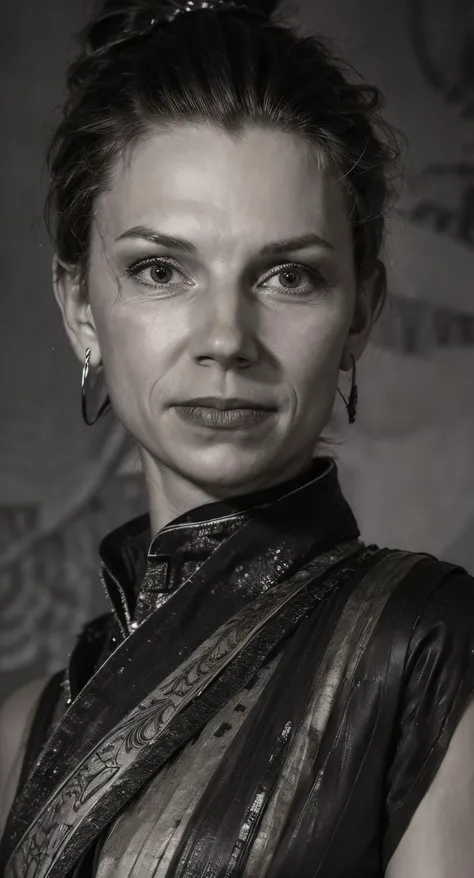 a close up of a woman in a leather dress with a tia on her head