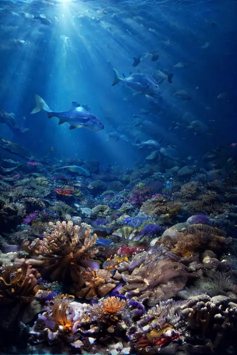 realistic photo of the deep sea, underwater, sun rays, colorful fish swimming, submarine, (masterpiece:1.1), (best quality:1.1), beautiful, (intricate details), unity 8k wallpaper, ultra detailed, aesthetic, romantic lighting, candles, lighting, candid pho...