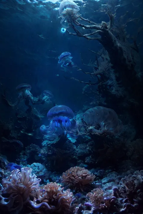 close up, realistic photo of the deep sea, underwater, night time, moonlight, (glowing jellyfish:1.1), phosphorescent, (masterpiece:1.1), (best quality:1.1), beautiful, (intricate details), unity 8k wallpaper, ultra detailed, aesthetic, romantic lighting, ...