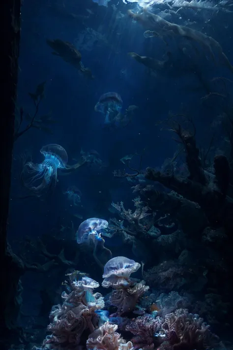 realistic photo of the deep sea, underwater, night time, moonlight, (glowing jellyfish:1.1), phosphorescent, (masterpiece:1.1), (best quality:1.1), beautiful, (intricate details), unity 8k wallpaper, ultra detailed, aesthetic, romantic lighting, candles, l...