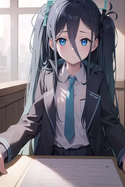 bluearchivearis, <lyco:bluearchivearis-lyco-nochekaiser:1>, 
aris, black hair, blue eyes, hair between eyes, halo, long hair, one side up, hair ribbon, (flat chest:1.2),
BREAK necktie, blue necktie, jacket, skirt, school uniform, white shirt, collared shir...