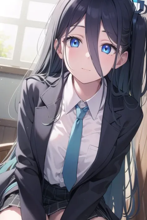 bluearchivearis, <lyco:bluearchivearis-lyco-nochekaiser:1>, 
aris, black hair, blue eyes, hair between eyes, halo, long hair, one side up, hair ribbon, (flat chest:1.2),
BREAK necktie, blue necktie, jacket, skirt, school uniform, white shirt, collared shir...