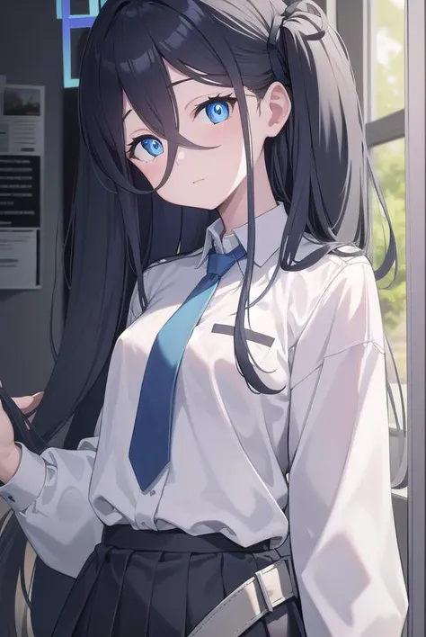 bluearchivearis, <lyco:bluearchivearis-lyco-nochekaiser:1>, 
aris, black hair, blue eyes, hair between eyes, halo, long hair, one side up, hair ribbon, (flat chest:1.2),
BREAK necktie, blue necktie, jacket, skirt, school uniform, white shirt, collared shir...