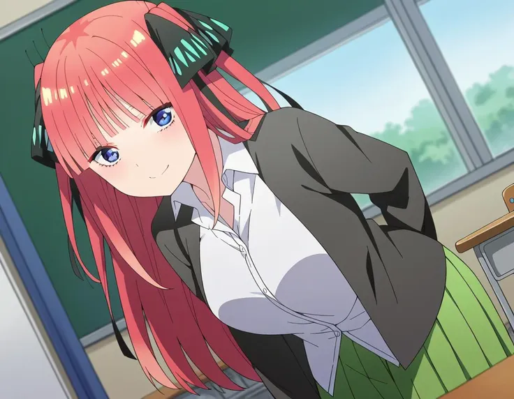 anime girl with long red hair and green skirt in classroom