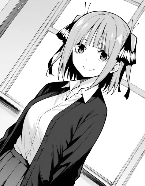 anime girl in a black and white photo with a window