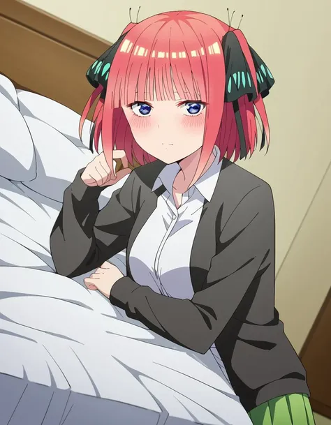 anime girl with pink hair and green pants laying on a bed