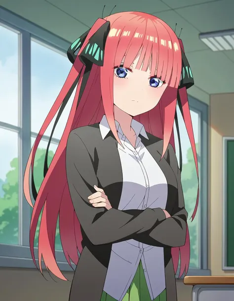 anime girl with long pink hair and green skirt standing in front of a window