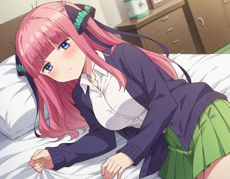 anime girl laying on bed with pink hair and green skirt