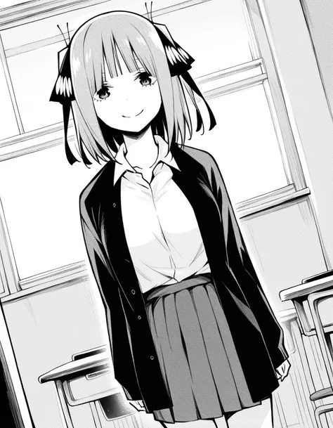 anime girl in a school uniform standing in front of a window