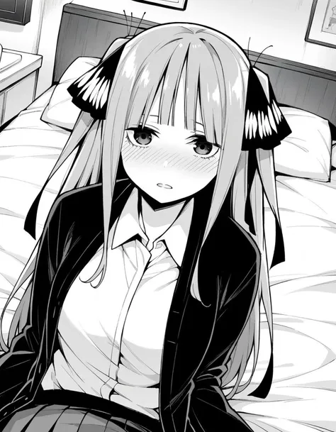 anime girl sitting on a bed with a black and white picture