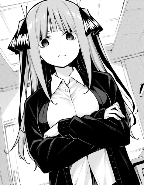 anime girl with long hair and black and white outfit standing in a room