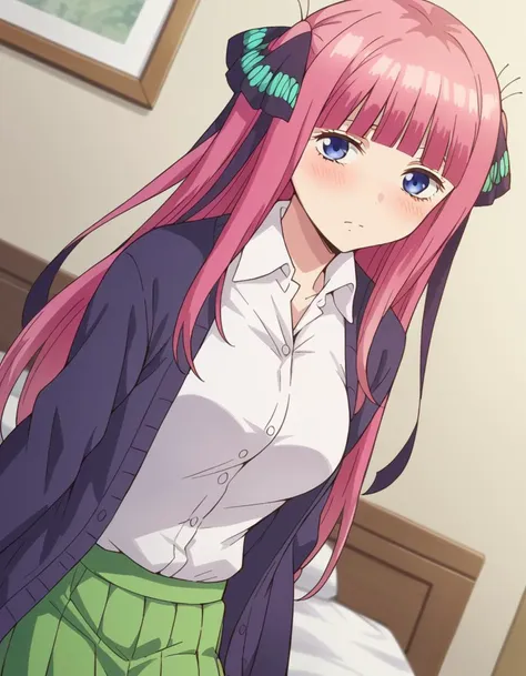 anime girl with pink hair and green skirt standing in a room