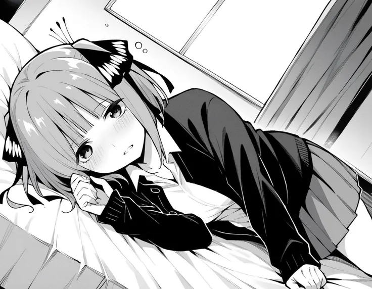 anime girl laying on bed with head on pillow in black and white photo