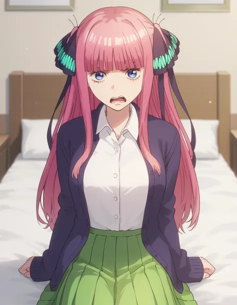 anime girl with pink hair sitting on a bed in a room