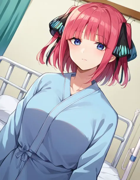 anime girl with pink hair and blue eyes in a blue robe