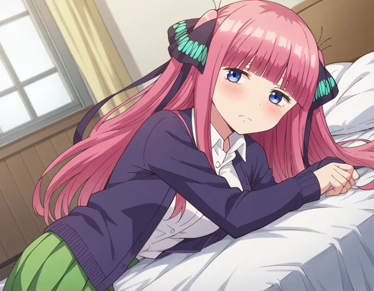 anime girl laying on a bed with headphones on