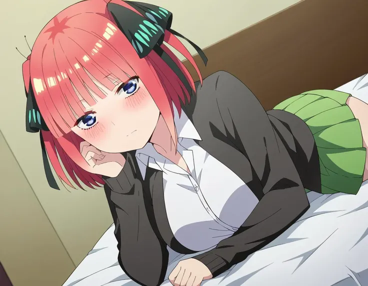 anime girl laying on bed with head on her hands