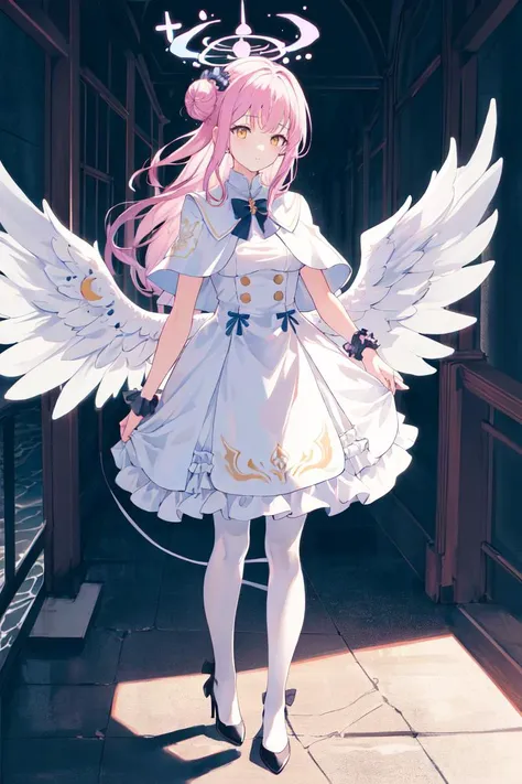 a woman in a white dress with wings and a bow