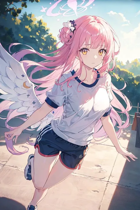 anime girl with pink hair and wings running on sidewalk