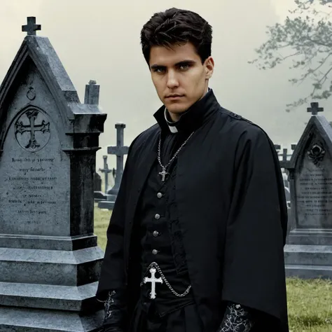 concept art close-up photo of lucas, at a cemetary, gothic outfit, looking at viewer,  <lora:lukas_y_xl:1> . digital artwork, illustrative, painterly, matte painting, highly detailed