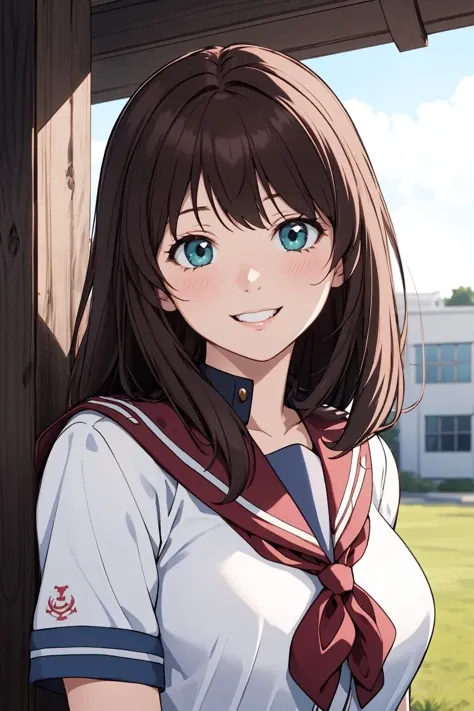 (RAW photo, best quality), 1girl,  natural lighting, solo,  light smile, outdoor,
 <lora:srw_setsuko_ohara_v1_2-000005:0.8>, setsuko ohara, school uniform, sailor shirt,