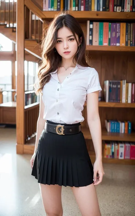 (best quality:1.4), (ultra highres:1.2), (photorealistic:1.4), (8k, RAW photo:1.2),(portrait shot), 1girl, (white short arm shirt:1.2) , (black tight skirt:1.3),(belt),(light brown hair),(in library), <lora:koreanDollLikeness_v10:0.2>,  <lora:thaiUniversit...