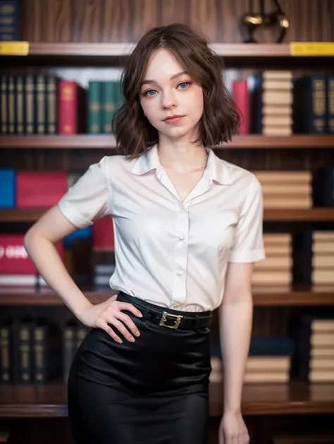 Emyers_1, Best quality, masterpiece, ultra high res,looking at viewer,libary background ,(girl),(white shirt short sleeves),((black pencil skirt)),belt,pose in libary,dynamic pose , <lora:mahalaiuniform-000001:0.9>