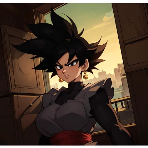 Best_QualityPos, RAW photo, intricate details, best quality, 8k uhd, soft lighting, 1girl, solo, black eyes, black hair, spiked hair, single earring, dougi <lora:Goku_Black:0.7>