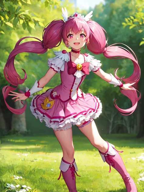 masterpiece, best quality, looking_at_viewer, depth_of_field, smile,
1girl, <lora:locon_cure_happy_1:0.9>, cure happy, low twintails, feather hair ornament, skirt, tiara, wrist cuffs, pink short, under skirt, boots,