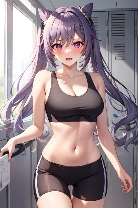 beautiful illustration,best quality, cute girl, locker, locker room, ((white sports bra, bike shorts), barely any clothing, keqingrnd, sweat, looking at viewer, ahegao, (petite)),(cleavage, deep skin, skindentation, medium breasts, groin, groin tendon,hip ...