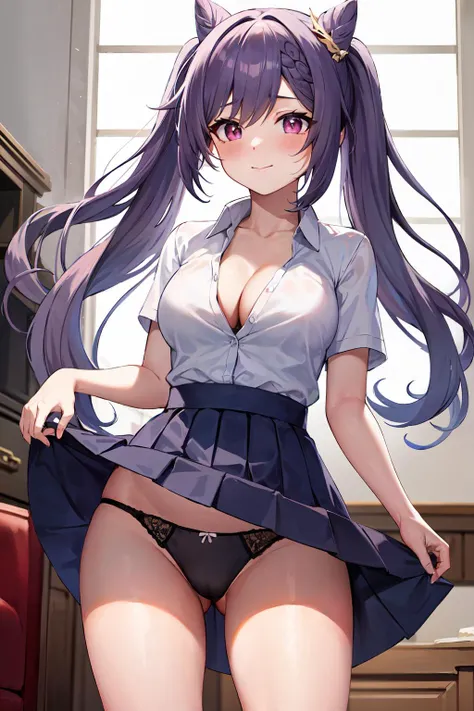 masterpiece, best quality, highres, <lora:keqing1-000009:1>, medium breasts, wide hips, thighs, school uniform, white shirt,collared shirt,unbuttoned shirt,cleavage, short sleeves, skirt, (wind lift:1.2), panties, pantyshot, 3:, blush, standing, living roo...