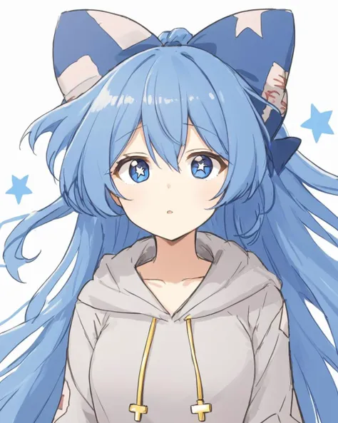 a close up of a person with blue hair and a hoodie