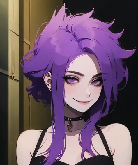 anime girl with purple hair and black bra top in a dark room