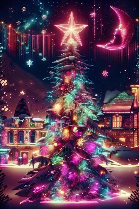 Christmas Tree, NEON Christmas tree Chr457m45m3rg3D0nMN3M1C, Christmas village, neon light show sparkling <lora:Chr457m45m3rg3D0nMN3M1C:2.69>  <lora:detail_slider_v4:2.69>