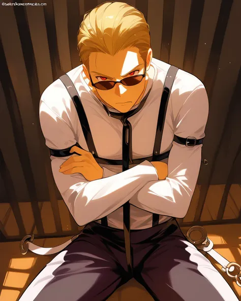 anime guy sitting on a bench with his arms crossed