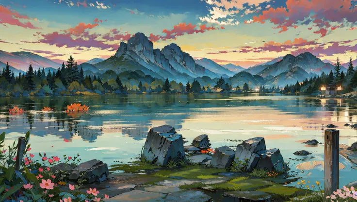 painting of a lake with mountains and a forest in the background