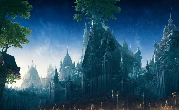 ConceptArt, no humans, scenery, sky, night, tree, dark night, outdoors, building, huge kingdom, a large castle, dark sky