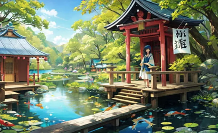 1girl, looking at the viewer, water, pond, lake, shrine, koi