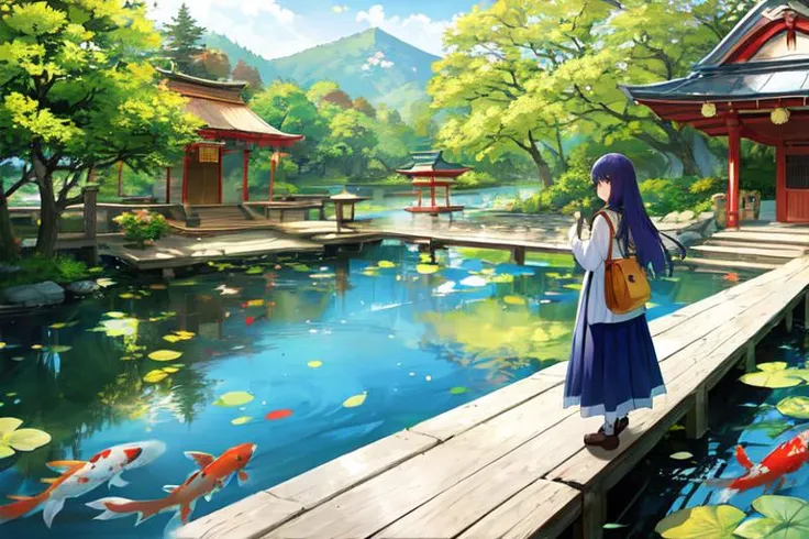 1girl, looking at the viewer, water, pond, lake, shrine, koi