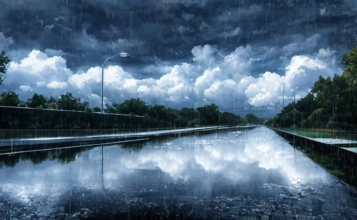 Concept art, no humans, water puddles, country side, rain, cloudy,