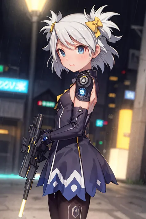 standing, holding gun, serious, cyberpunk city, night, rain, portrait,
amamo, bangs, blue eyes, gray_hair, short_hair, short_twintails, small_breasts, two_side_up, hair bow, yellow bow,
sunglasses, tight suits,
<lyco:gomaotsu-amamo-t5:0.7>