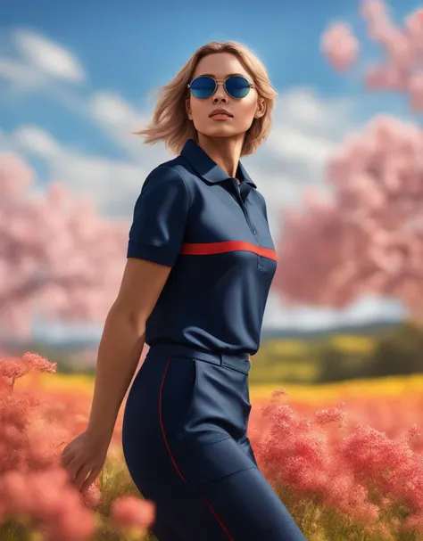 a woman in a blue dress and sunglasses standing in a field of flowers