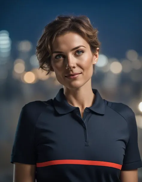 a woman in a black shirt standing in front of a city