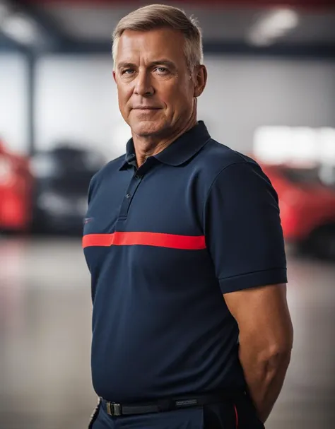 a man in a blue shirt standing in front of a red truck