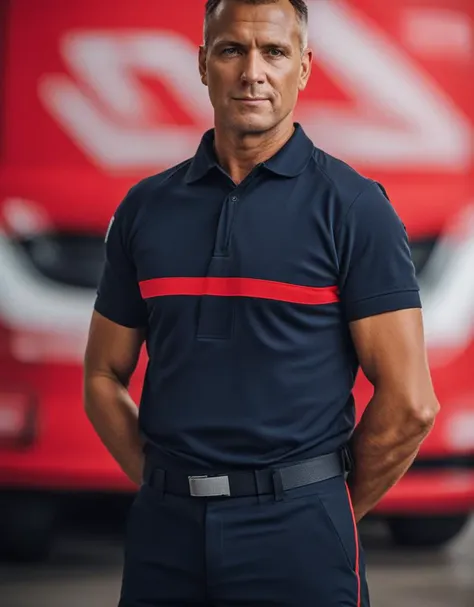 raw photo of a man wearing a spf1uniform, spf1polo, spf1pants, dynamic pose in a wharehouse, crossed arms, bokeh, looking at viewer, sharp focus,  cinematic, high contrast, red car at background