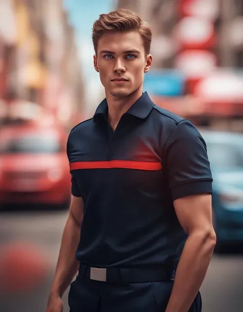 a man in a blue shirt and black pants standing on a street