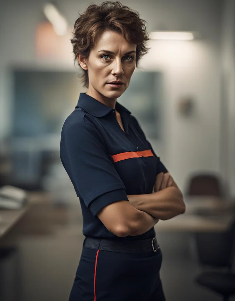 a woman in a blue shirt and black pants standing in an office